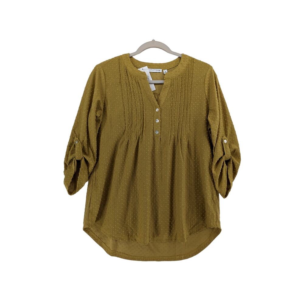 Notations Textured Blouse M Brown Split VNeck Button Roll Cuff Sleeve Hi Low Hem